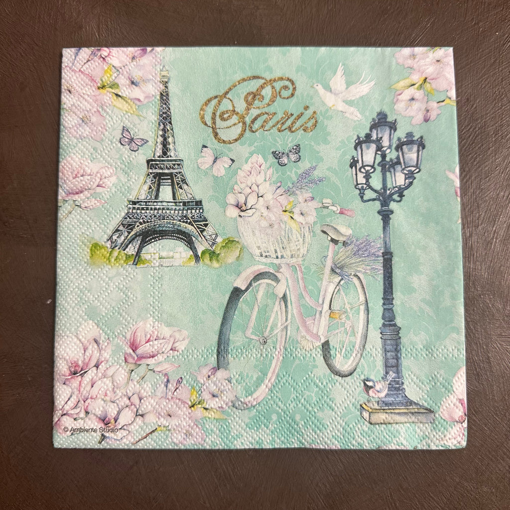 Paris Eiffel Tower & Bicycle Mint Napkin for Decoupage