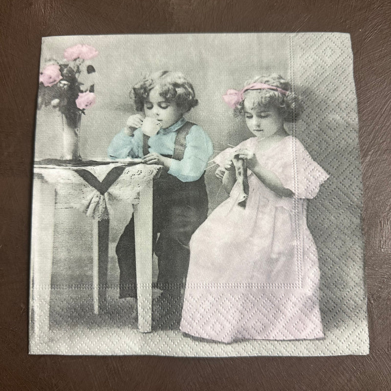 Girl & Boy at table Napkin for Decoupage 