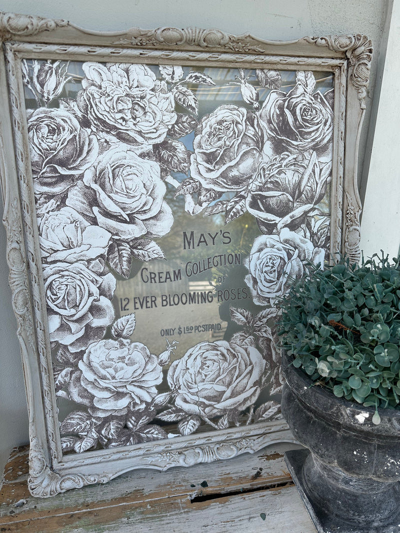 To create this artwork we have used the original glass to apply an IOD transfer to it and painted up the frame to complement it, in Rivers Peak chalk paint and sealing and detailing in Dark wax. Creating a stunning artwork that needs to stay out of direct sun due to potential fading of the transfer..  Dimensions approx 620mm x 520mm
