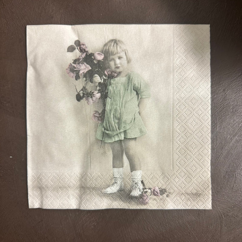 Mint Girl with Bouquet Napkin for Decoupage