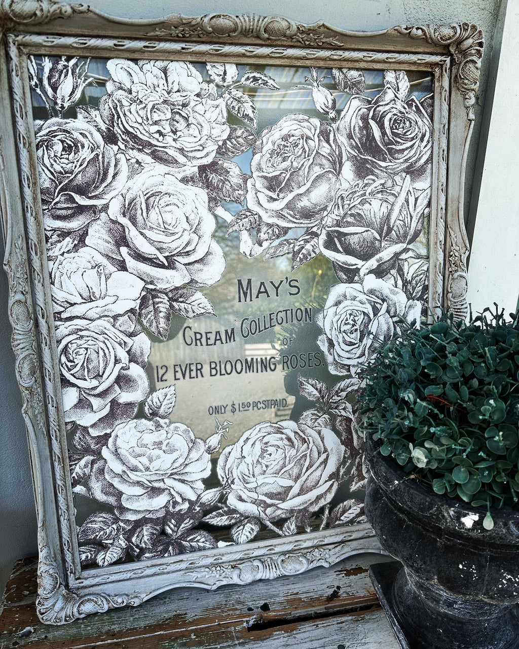 To create this artwork we have used the original glass to apply an IOD transfer to it and painted up the frame to complement it, in Rivers Peak chalk paint and sealing and detailing in Dark wax. Creating a stunning artwork that needs to stay out of direct sun due to potential fading of the transfer..  Dimensions approx 620mm x 520mm