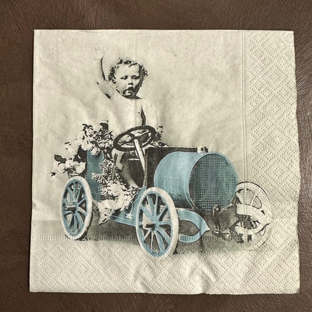 Boy in Blue Car Napkin for Decoupage 