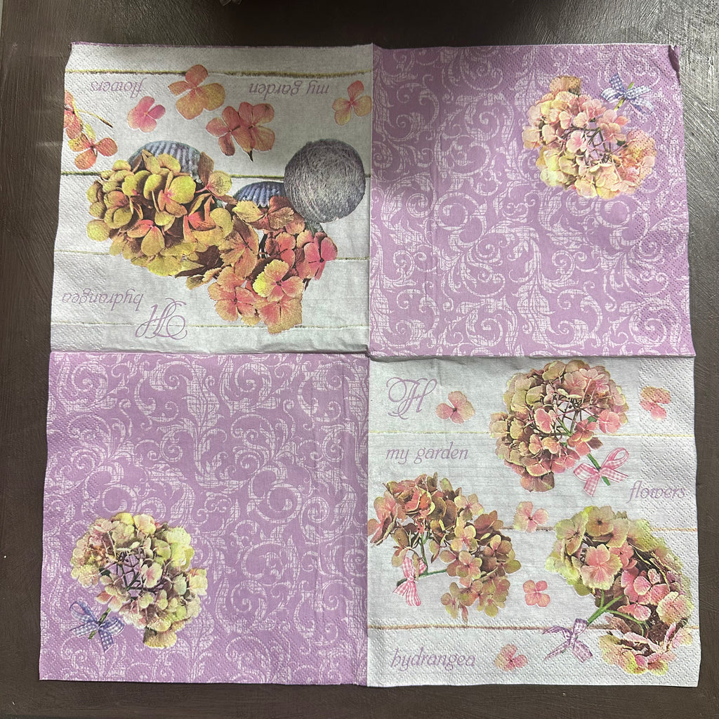 Hydrangea Bunches on purple Napkin for Decoupage