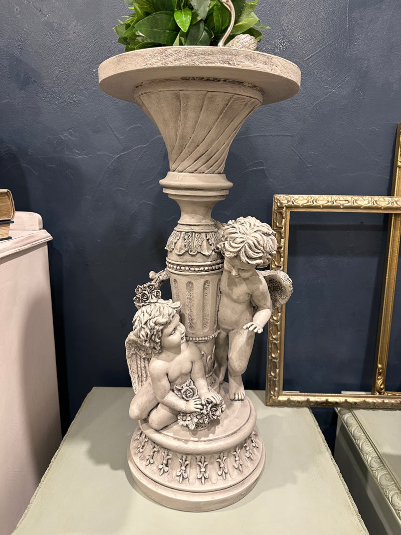 We love finding the unusual and this angelic cherub statue is  signature Paint Me Vintage piece. We attached a flat wood plate to the top to make it usable as a decor riser or plinth in a room. All the wonderful details have been highlighted with carbon black wax over the chalk paint finish. Totally bespoke.  Dimensions 610mm height