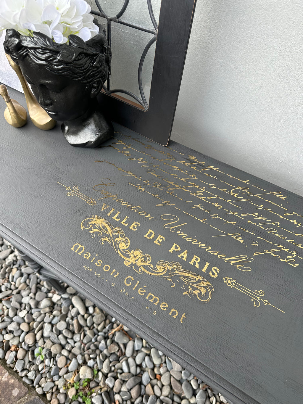 This delicate hall table is a slim width with very detailed legs. We amped this up with some gold foil scrip on top. Totally bespoke.  Dimensions 320mm depth x 1200mm length x 610mm height
