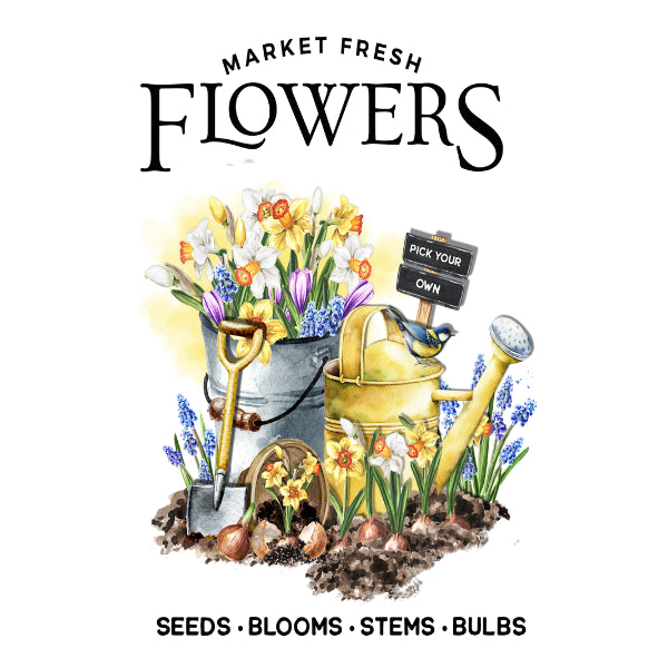 Illustration of gardening tools and flowers with 'Market Fresh Flowers' text on a white background.