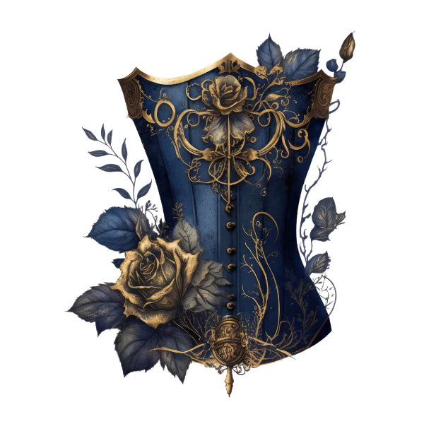 Decorative blue corset with gold accents and floral elements on a white background gothic