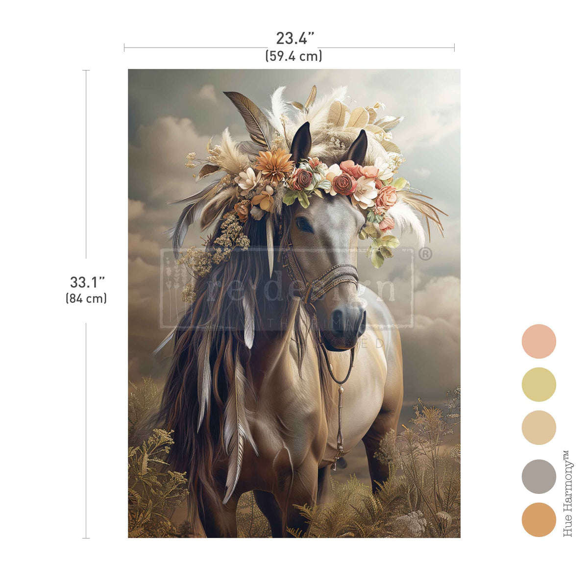 Horse with floral and feather headpiece, dimensions and color swatch provided. Noble Steed A1 Fiber Paper 1 sheet