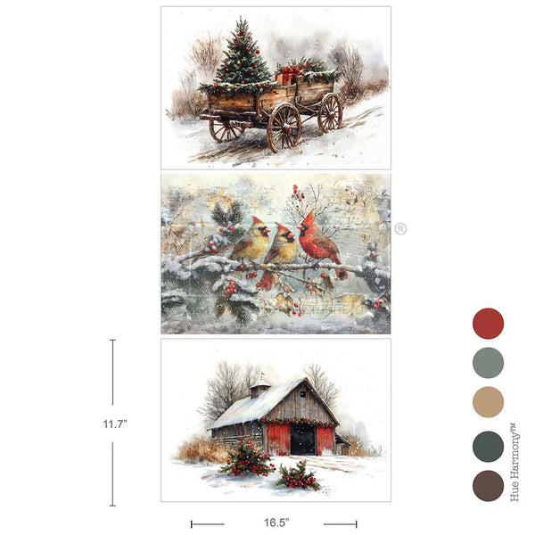 Three winter-themed images including a cart with a tree, cardinals on a branch, and a snowy cabin, with color swatches below. Christmas in the Countryside A3 Fiber Decoupage Paper 3 sheets