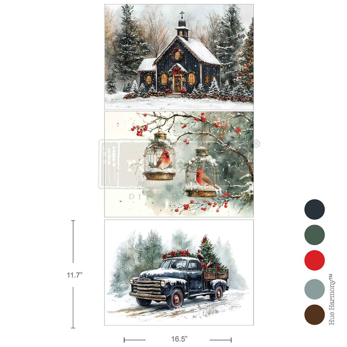 Collage of winter scenes including a church, birds in cages, and a truck with Christmas decorations. Christmas Blessings A3 Fiber Decoupage Paper 3 sheets