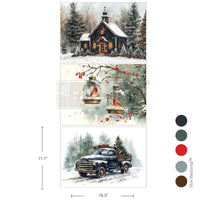 Collage of winter scenes including a church, birds in cages, and a truck with Christmas decorations. Christmas Blessings A3 Fiber Decoupage Paper 3 sheets