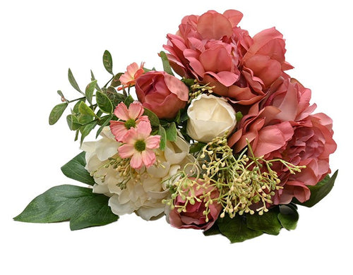Sorbet Peony faux bundle. Artificial flower arrangement with pink, red, and white flowers on a white background