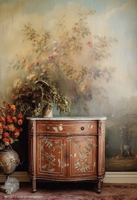 Redesign with Prima transfer middy Quiet Cotemplation Decorative wooden cabinet with floral patterns against a wall with floral mural