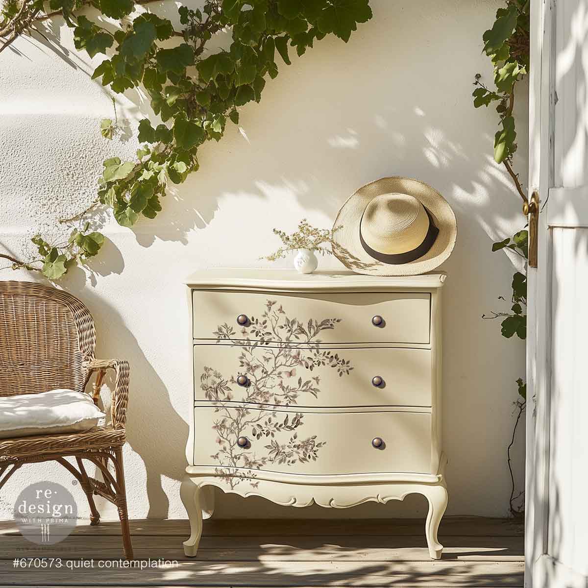Redesign with Prima transfer middy Quiet Cotemplation Decorative chest of drawers with floral patterns on a sunlit patio