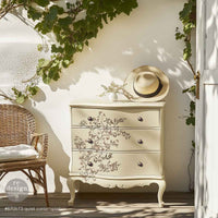 Redesign with Prima transfer middy Quiet Cotemplation Decorative chest of drawers with floral patterns on a sunlit patio