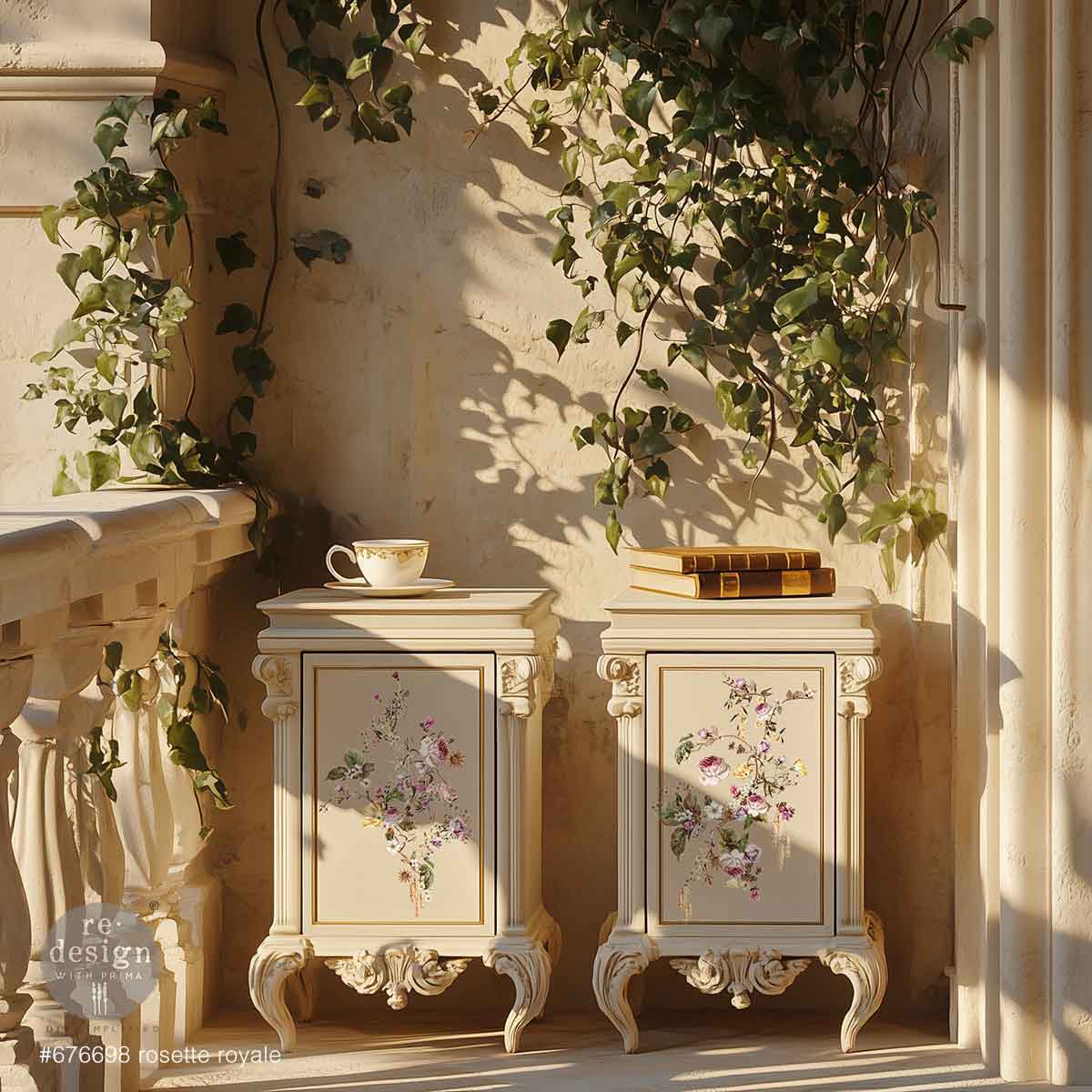 Redesign with Prima transfer middy Rosette Royale Decorative side tables with floral designs in a sunlit room with ivy