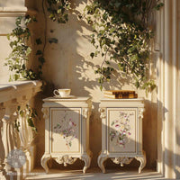 Redesign with Prima transfer middy Rosette Royale Decorative side tables with floral designs in a sunlit room with ivy