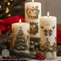 Redesign with Prima transfer middy Sacred Night Collection 4 sheet Decorative candles with Christmas-themed illustrations on a festive background.