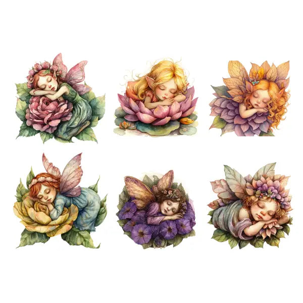 Set of six colorful fairy illustrations sleeping on flowers against a white background