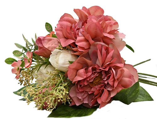 . Sorbet Peony faux bundle. Bouquet of pink and white flowers with green leaves on a white background