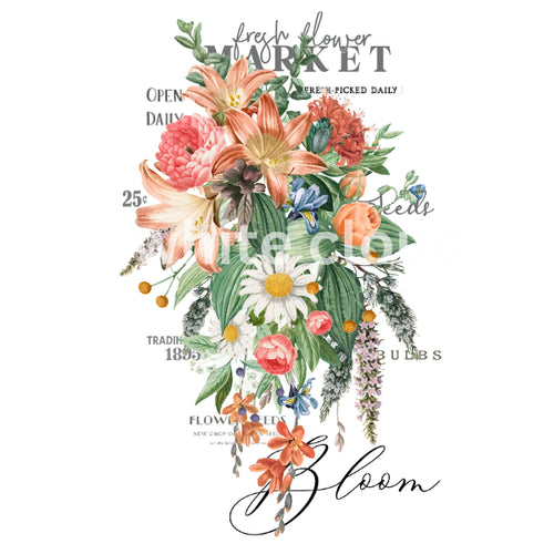 Floral design with text overlay on a white background Spring Flower Market bouquet White Cloud Transfer