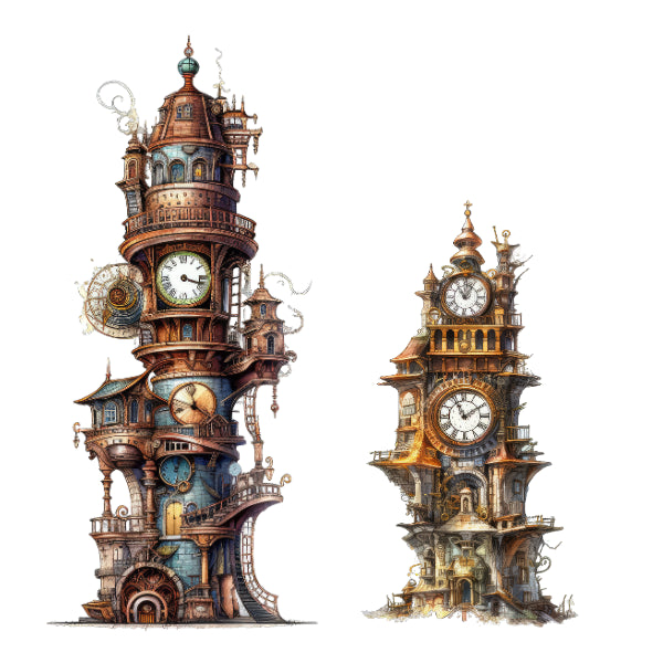 Two ornate clock towers with intricate designs on a white Steam Punk Tower 1 White Cloud Transferbackground