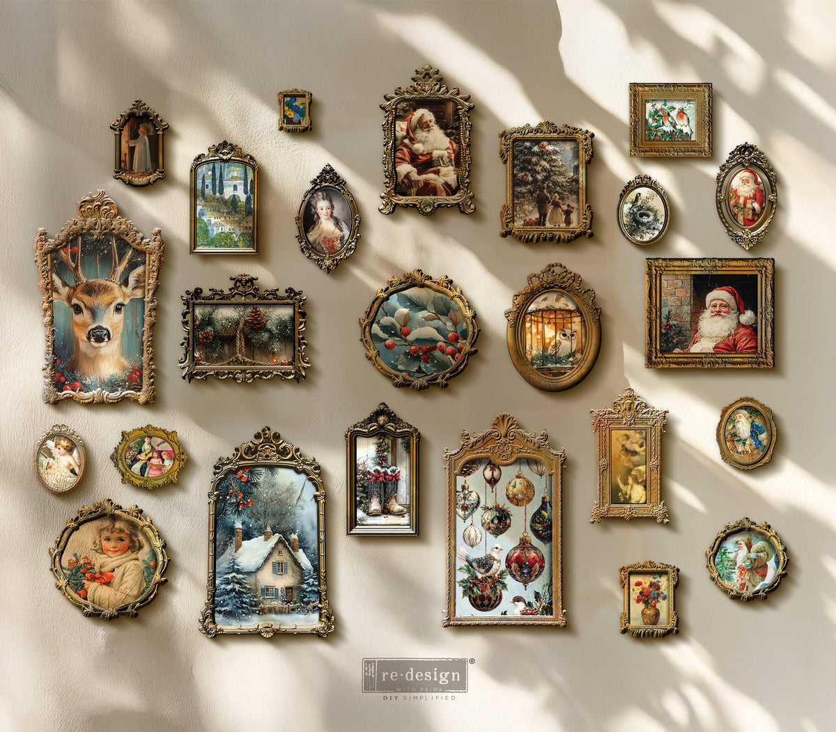 Collection of vintage-style framed artworks on a wall with soft lighting. Jewel of the Season Mulberry Tissue Paper for Decoupage A4 1 sheet