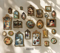 Collection of vintage-style framed artworks on a wall with soft lighting. Jewel of the Season Mulberry Tissue Paper for Decoupage A4 1 sheet