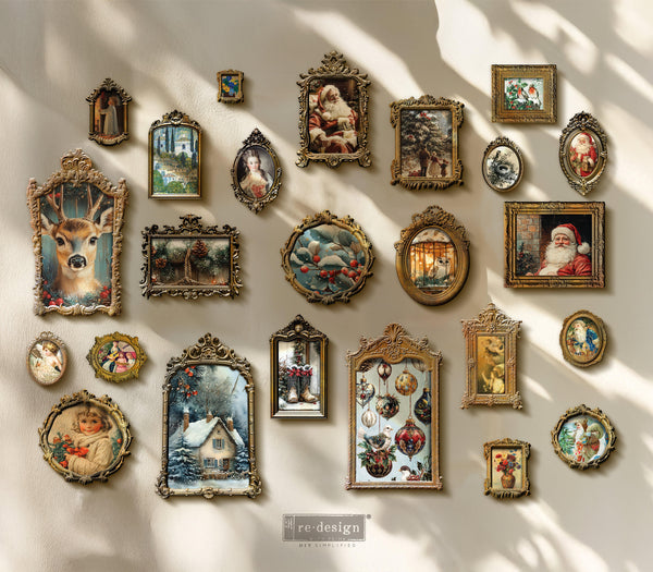 Collection of vintage-style framed artworks on a wall with soft lighting. Jewel of the Season Mulberry Tissue Paper for Decoupage A4 1 sheet