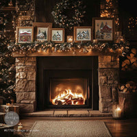 Redesign with Prima transfer middy Village of Wonder 4 sheet cozy fireplace with lit candles, Christmas trees, and framed pictures on a stone mantel.
