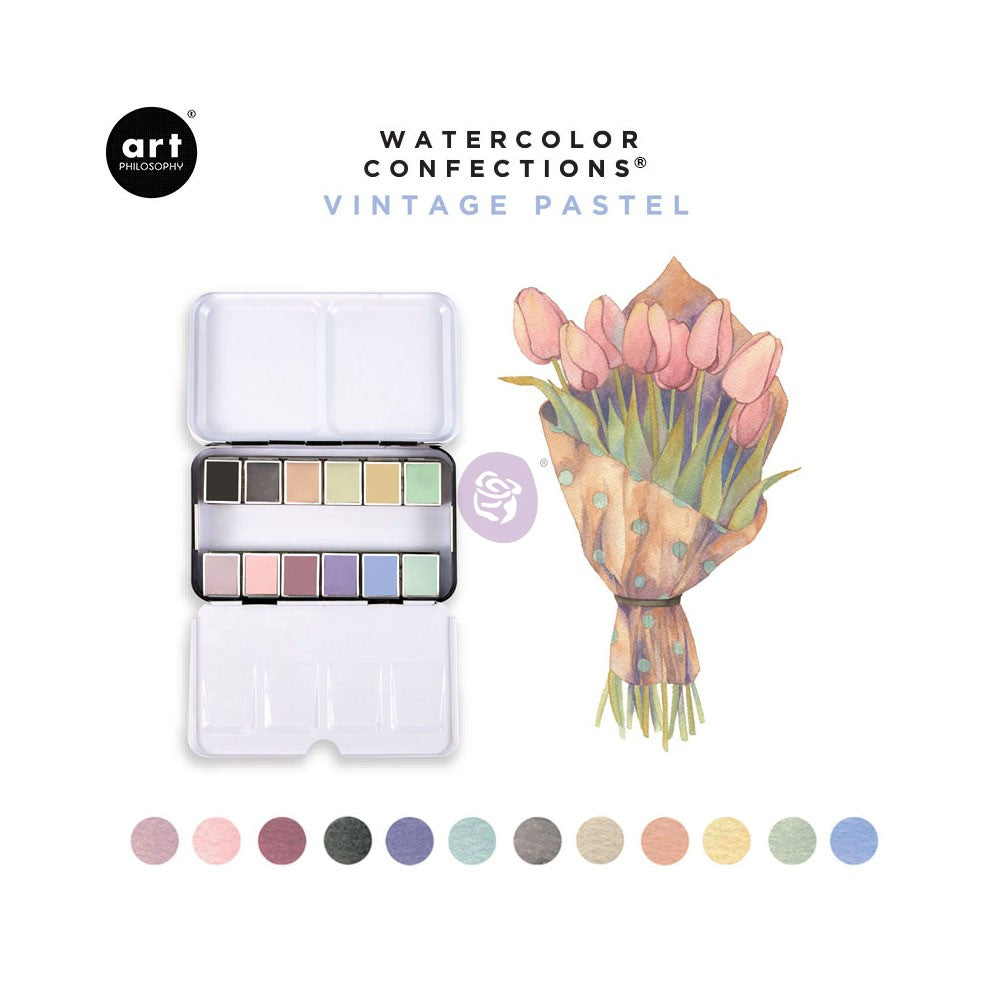 Art Philosophy watercolor set with pastel colors and a bouquet illustration on a white background