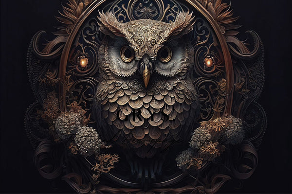 Decorative owl with intricate patterns and lights on a dark background Wise Owl Paper for Decoupage A1