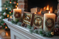 Redesign with Prima transfer middy Yuletide Nostalgia 4 sheet Decorative candles and framed pictures on a mantelpiece with a fireplace and Christmas tree in the background.