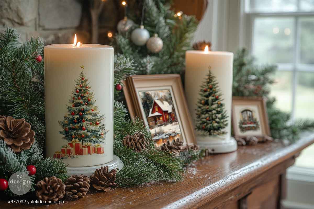 Redesign with Prima transfer middy Yuletide Nostalgia 4 sheet Decorative candles with Christmas tree designs on a mantelpiece with greenery and pinecones.