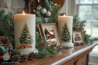 Redesign with Prima transfer middy Yuletide Nostalgia 4 sheet Decorative candles with Christmas tree designs on a mantelpiece with greenery and pinecones.