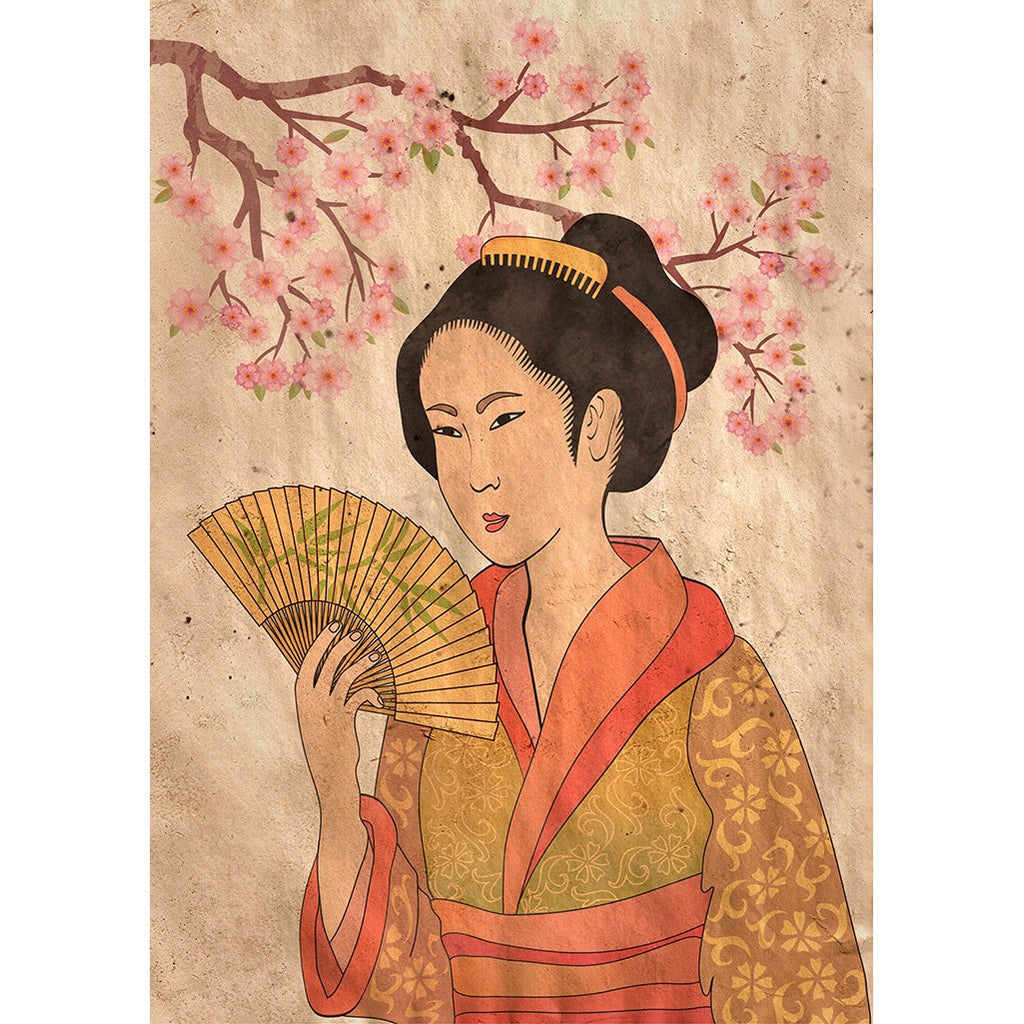 Geisha cherry blossom ink decoupage paper A1