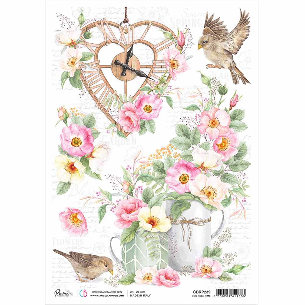 Dog Rose Time Rice Paper for Decoupage A4 | Paint Me Vintage