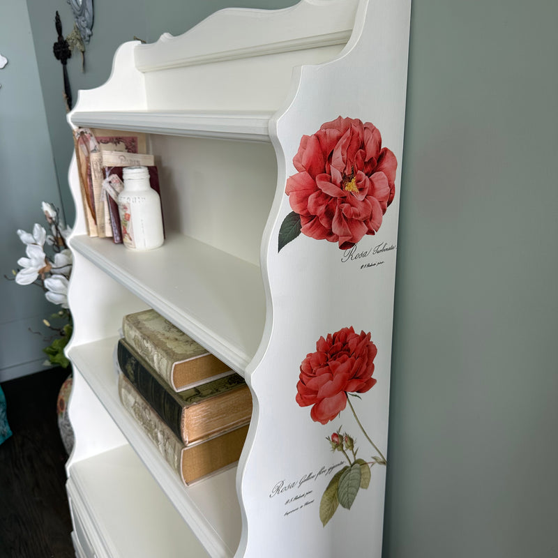 Red Roses and White Bookshelf display