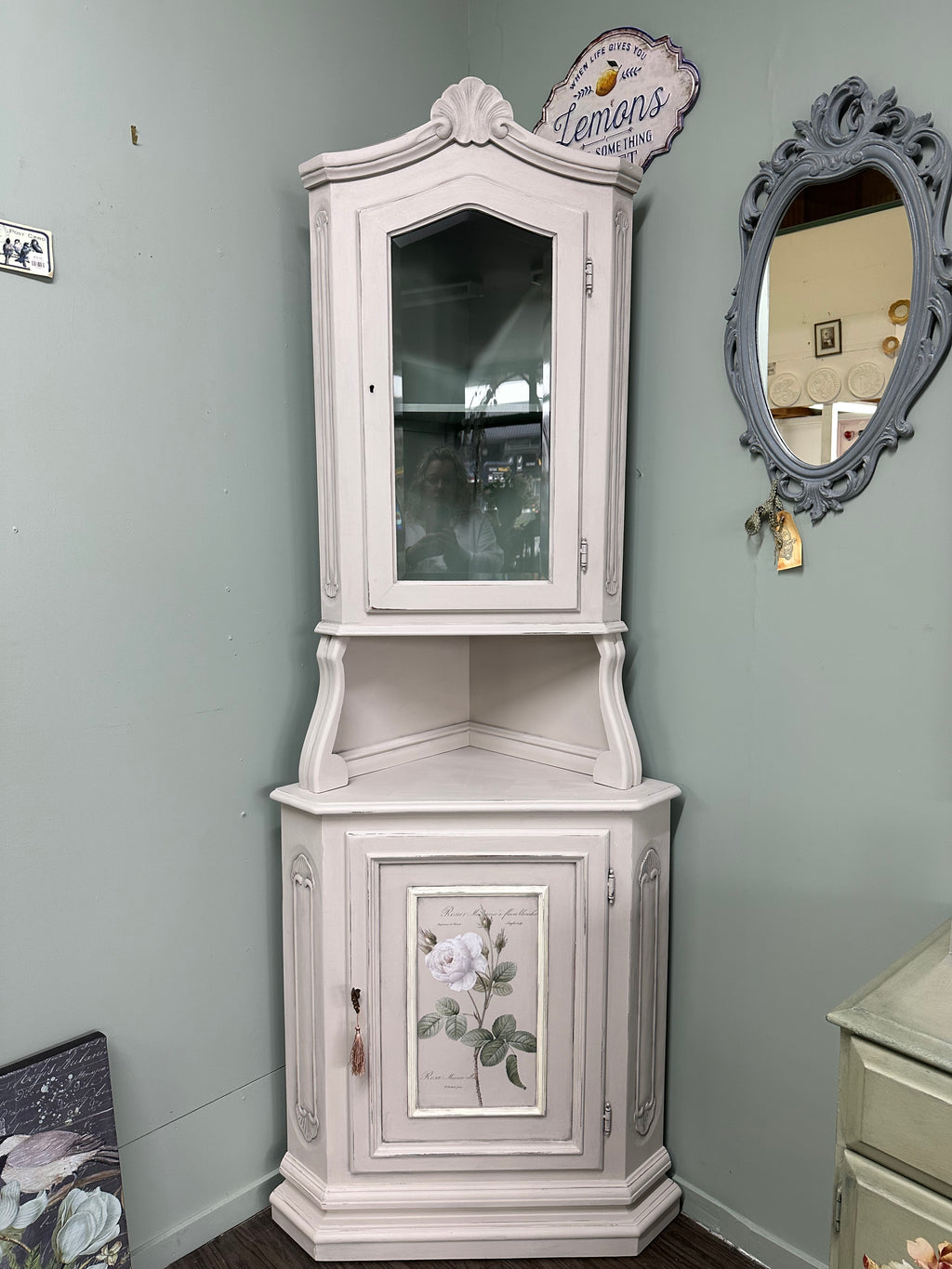An old piece of furniture given a classic and pretty French Provincial look using florals and premium chalk paint. Has a two tone look with Duck egg on the interior and comes with original key!  Dimensions approx: 2000mm height x 540mm depth