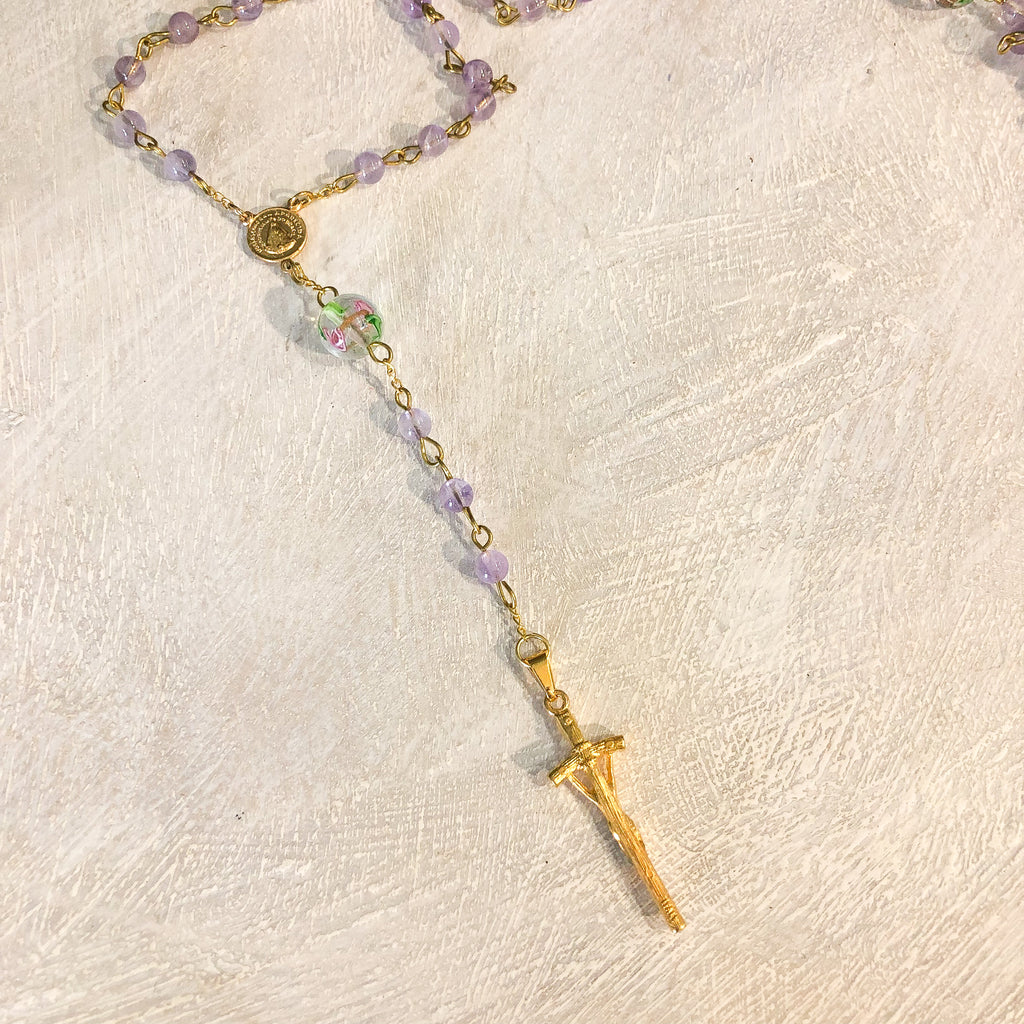 Rosary Beads Lilac Pink and Gold look