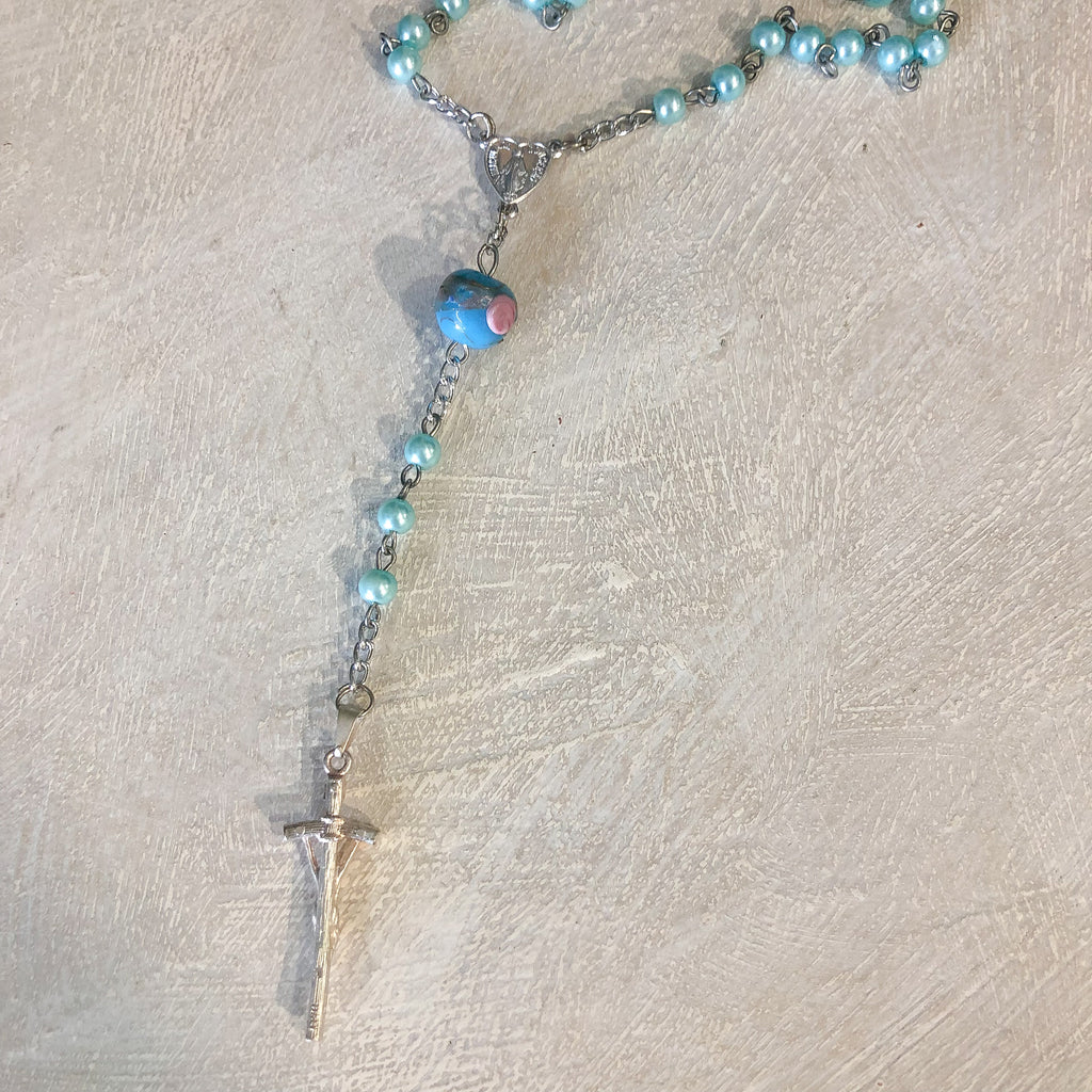 Rosary Beads Silver and Blue Pearl look