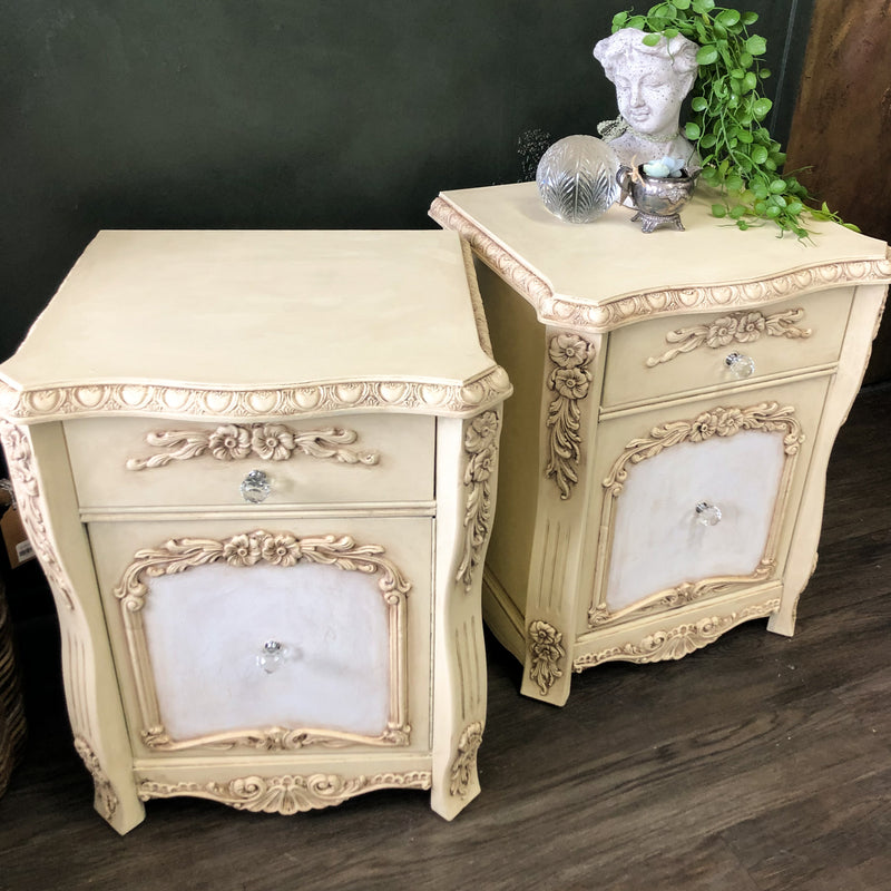 French Classic with a twist Set of two Bedside Tables in Kirimi Cream | Paint Me Vintage