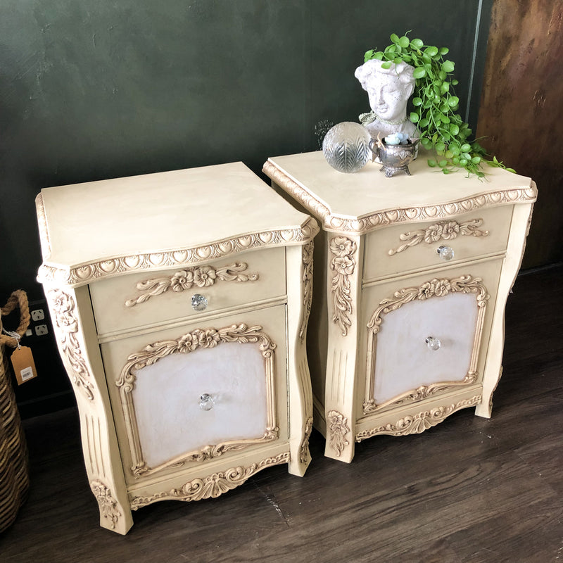 French Classic with a twist Set of two Bedside Tables in Kirimi Cream | Paint Me Vintage